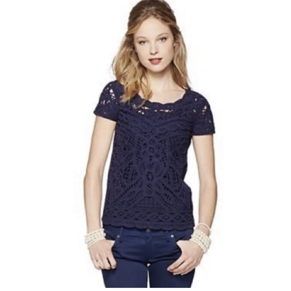 Lilly Pulitzer Navy Crochet Lace Short Sleeve Top